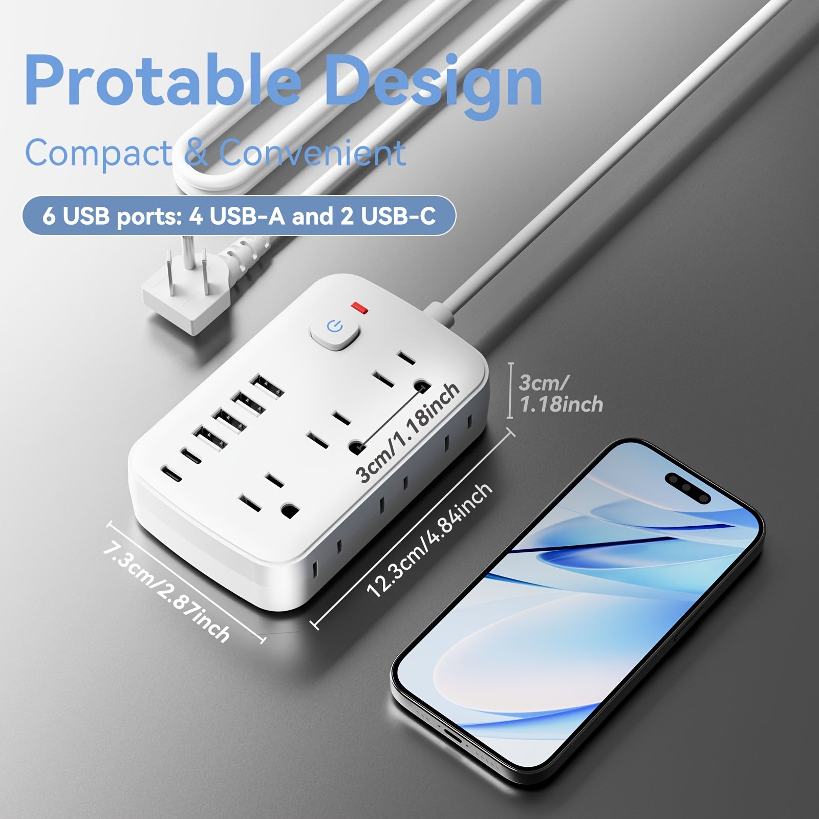 Travel Power Strip Featuring 12 Functions, Equipped with a 5FT/10FT Cord, 6 AC Outlets, 4 USB-A Ports, And 2 USB-C Ports, Includes Overload Protection And Can Be Mounted on a Wall for Desk Charging