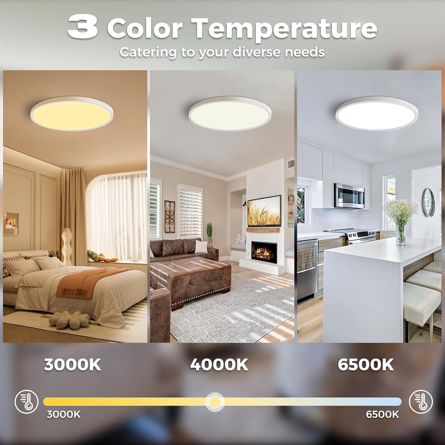 8-pack, 6.5-inch white LED ceiling light set, available in three color options: 3000K, 4000K and 6500K. This 12W, 1200LM flat round ceiling light is very suitable for kitchen, bedroom, hallway and porch.
