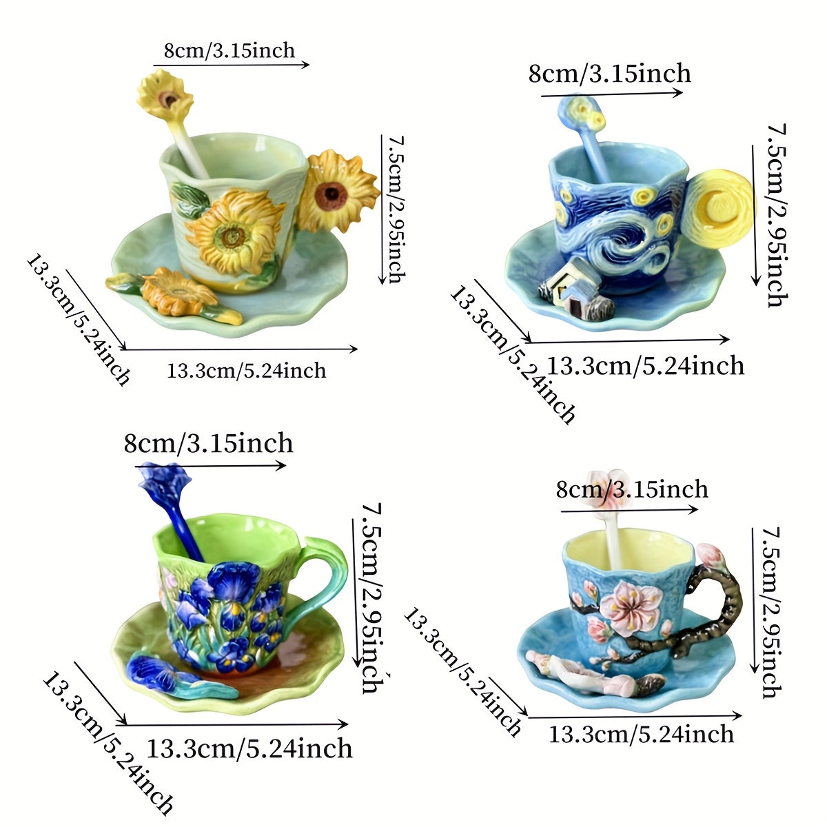 1 Set Ceramic Hand-Painted Van Gogh Classic Oil Painting Cup & Saucer Set, 1PC 3D Handmade Starry Sky, Almond Blossom, Sunflower, Iris Tea Cup & Coffee Cup, 1PC Round Saucer, 1PC Spoon, Exquisite Table Décor