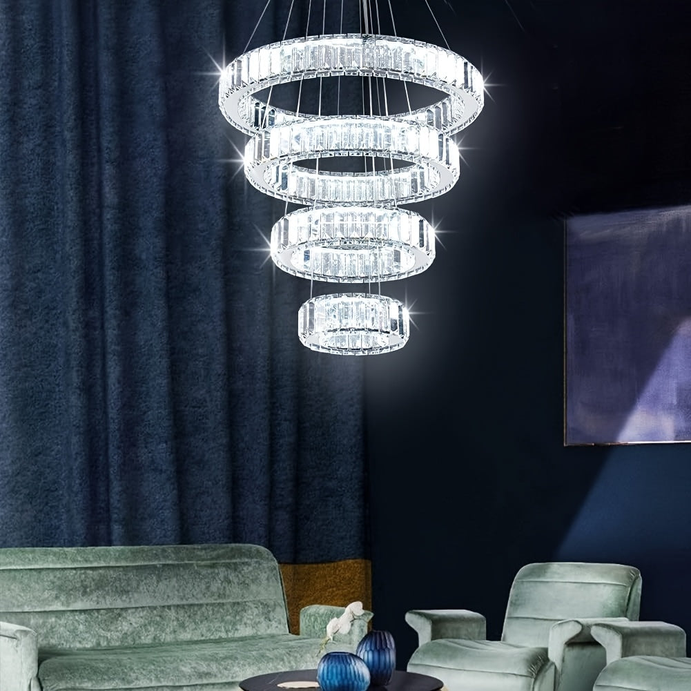 Modern crystal chandelier, four-ring pendant light, ceiling hanging fixture for bedroom, living room, dining room (cool white light)