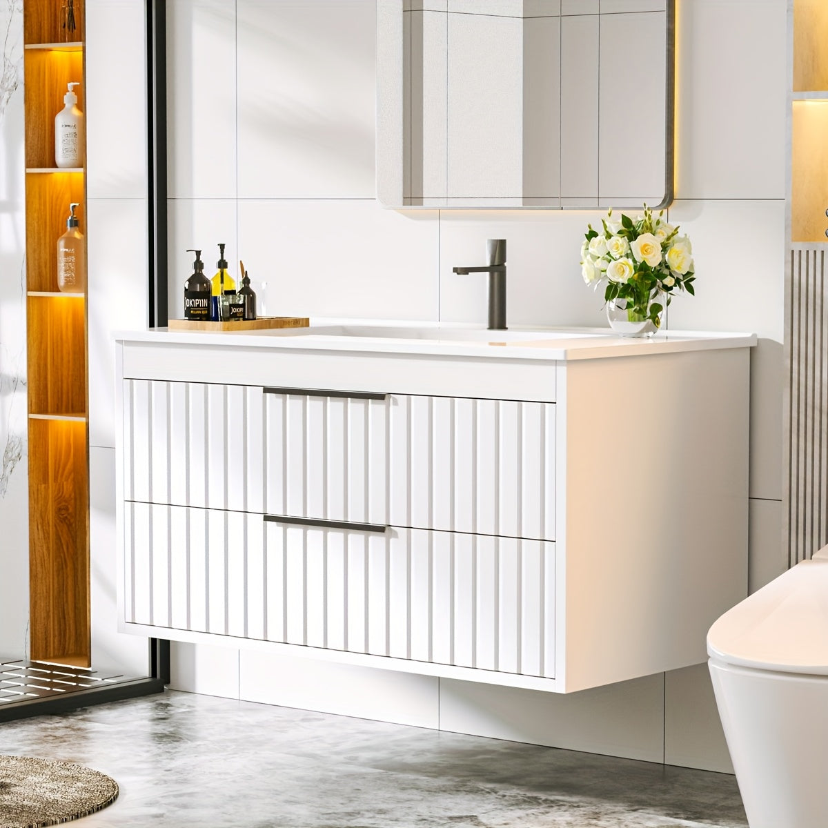 Bathroom Vanity with Sink - Wall Mount Floating Basin Cabinet, Soft-Close 2 Large Drawers, Modern Textured Stripe Design, Hidden Damping Drawers