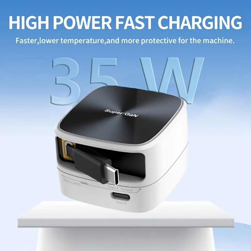 1pc 35W USB-C Fast Charging Wall Charger, With 31.5inch Retractable Cable, Compatible With IPhone 15/15 Pro/15 Pro Max, IPad, AirPods, Pixel& More, Charge Two Devices At The Same Time