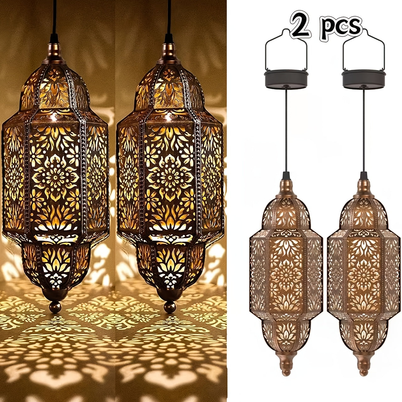 2-Piece Outdoor Solar Lantern, Colorful Moroccan Style Design, IP54 Waterproof Rating and Carved Patterns, Perfect for Decorating Garden, Patio, Walkway, or Halloween.
