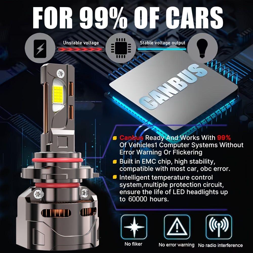 2pcs H4/9003 H7/H18 60000 Hours Ultra-Long Lifespan 58300LM LED Super Bright Front Bulbs 7500K 9006 9012/HIR2 Improves Night Driving Safety, 1000% Brightness Increase, External Driver