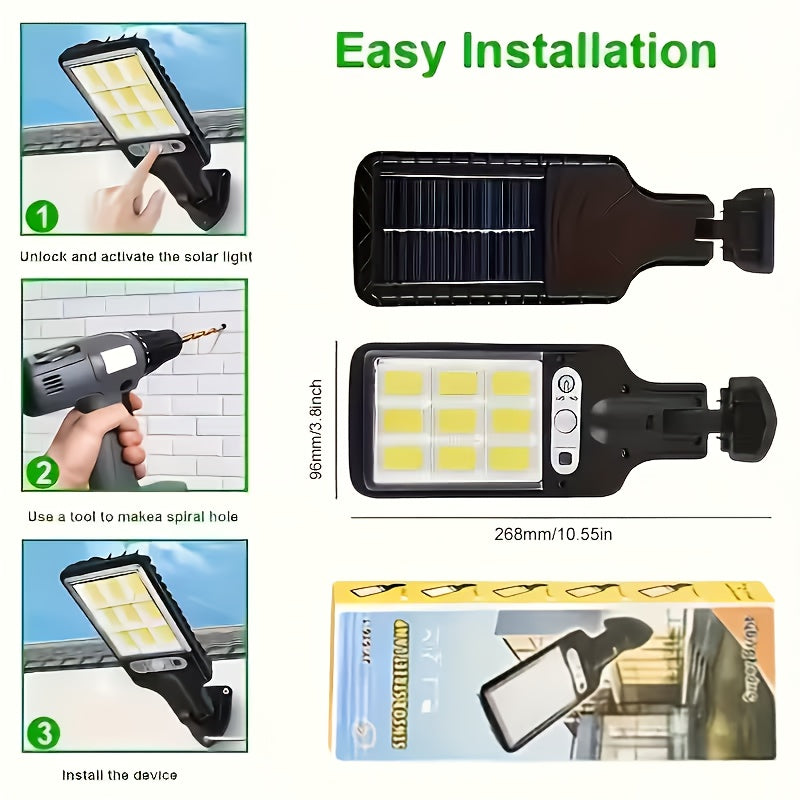 1 Pack Solar Street Light with PIR Motion Sensor, IP65 Waterproof, 108 COB LED Security Wall Light with Remote Control, 3 Modes, Solar Powered Searchlight, Perfect for Garden, Courtyard, Porch, Garage Lighting