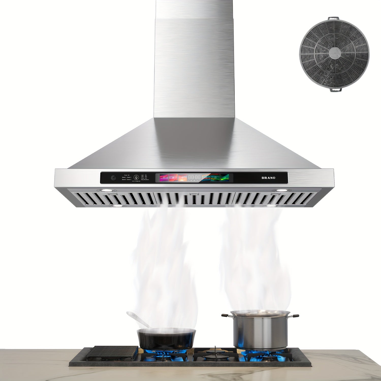 BRANO 30-Inch Wall-Mounted Range Hood, 900 CFM with Voice/Gesture/Touch Control, Stainless Steel Kitchen Exhaust Hood with 4-Speed Fan, Adjustable LED Light, Memory Mode