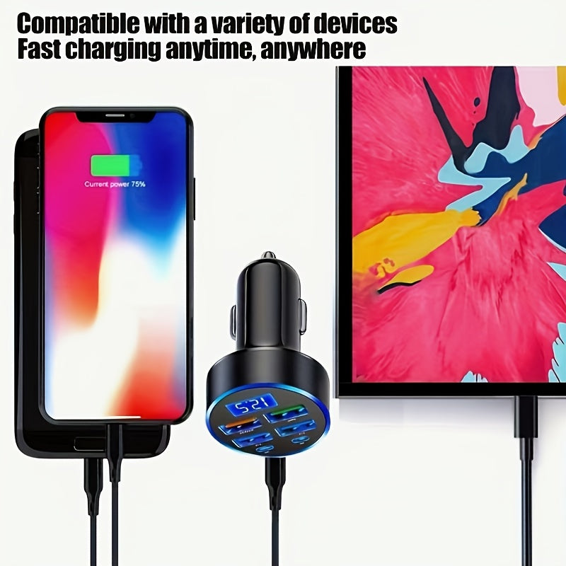 1pc 66W USB C Car Charger, 6-in-1 Fast Car Charger Adapter with 4 USB-A Ports & 2 Type-C Ports, Voltage Display, Multi-Port Power Adapter Compatible with iPhone Samsung Android Phones Tablets