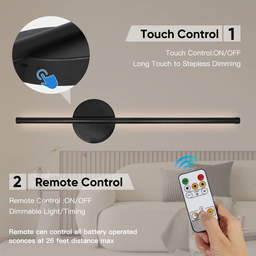 1-Pack Remote Control LED Wall Light, Wall Fixture Equipped with 4400mAh Rechargeable Battery, Supports 3 Color Temperatures and Dimming Function, Magnetic 360° Cordless Rotation, Suitable for Bedroom Bedside (Black)