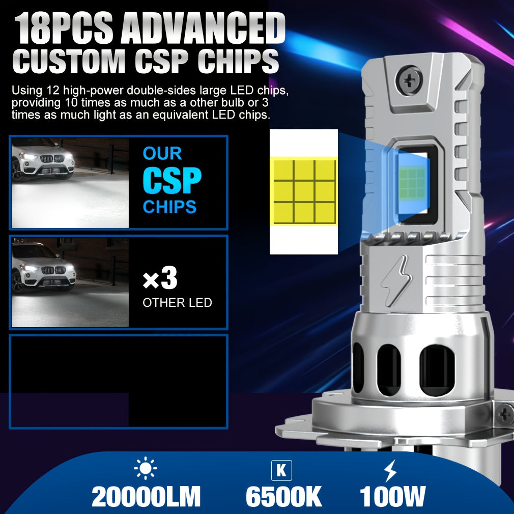 2 Pcs H7 LED Headlights Easy to Install, High Lumen (20000LM), for Car 100W 20000LM Super Bright, 12V Aluminum Car Headlights, Turbo Mini Design, Fan Cooling, for Motor Vehicles, Hardwired, No Battery Needed