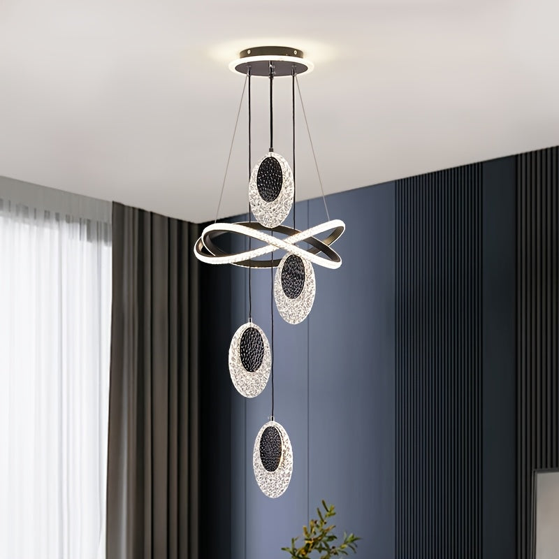 Modern LED Indoor Pendant Light with 4 Oval Disc-Shaped Pendants, 3-Color Temperature Adjustable Lighting Fixture