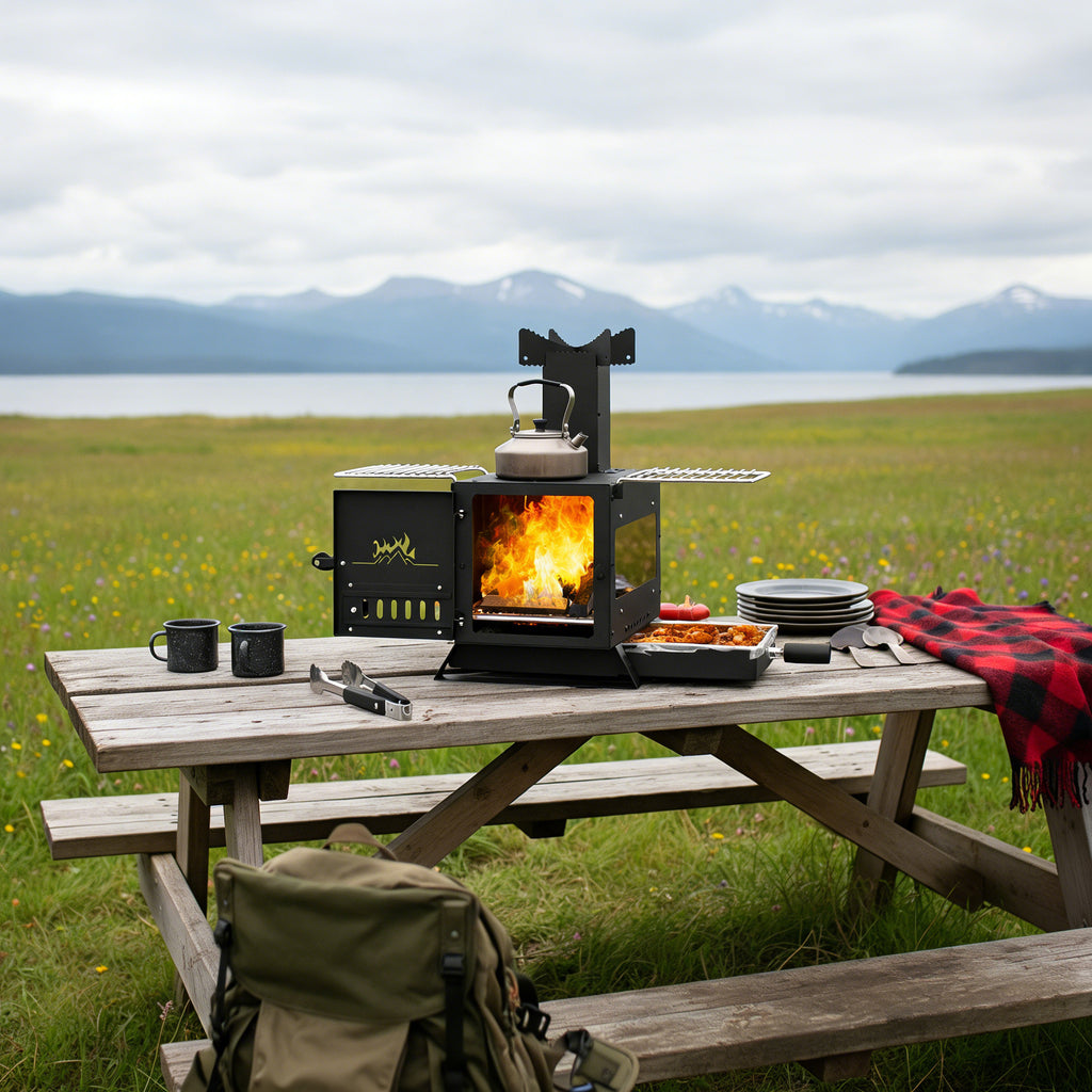 COSTWAY Compact Heating Burner with Glass Window, Portable Wood Burning Stove with Griddle, Dual Grill Racks & Pot Stand, Outdoor Wood Burner for BBQ, Party, Camping & Picnic/