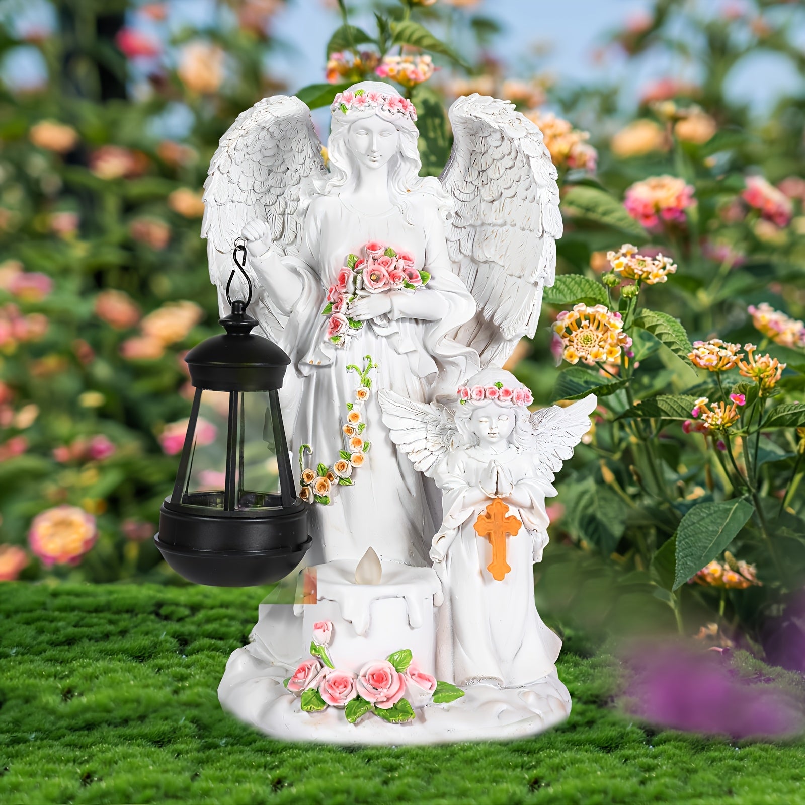 OTDECOR 1-Piece Angel Lantern Outdoor Statue, Flower-Decorated Winged Angel Outdoor Tabletop Decoration, Soft Warm Light Angel Ornament Outdoor Tabletop Accessory, Quiet Patio Garden Outdoor Decor Outdoor Tabletop Statue