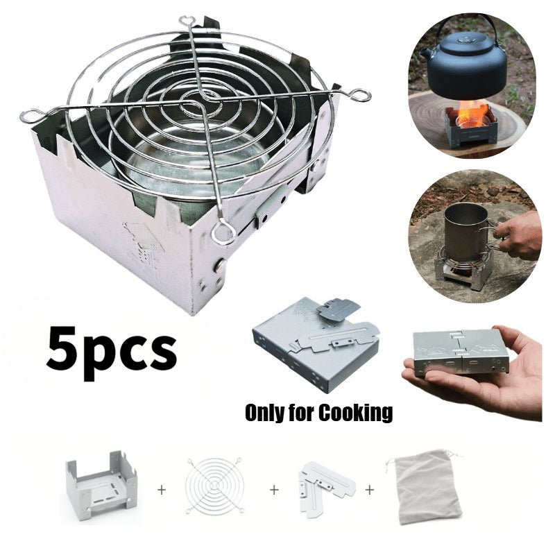 Mini Folding Camping Stove Set (5-Piece) - Includes Windscreen & Fuel Tray, Compact & Portable, Suitable for Wood/Charcoal, Ideal for Hiking, Camping & Emergency Survival Kits