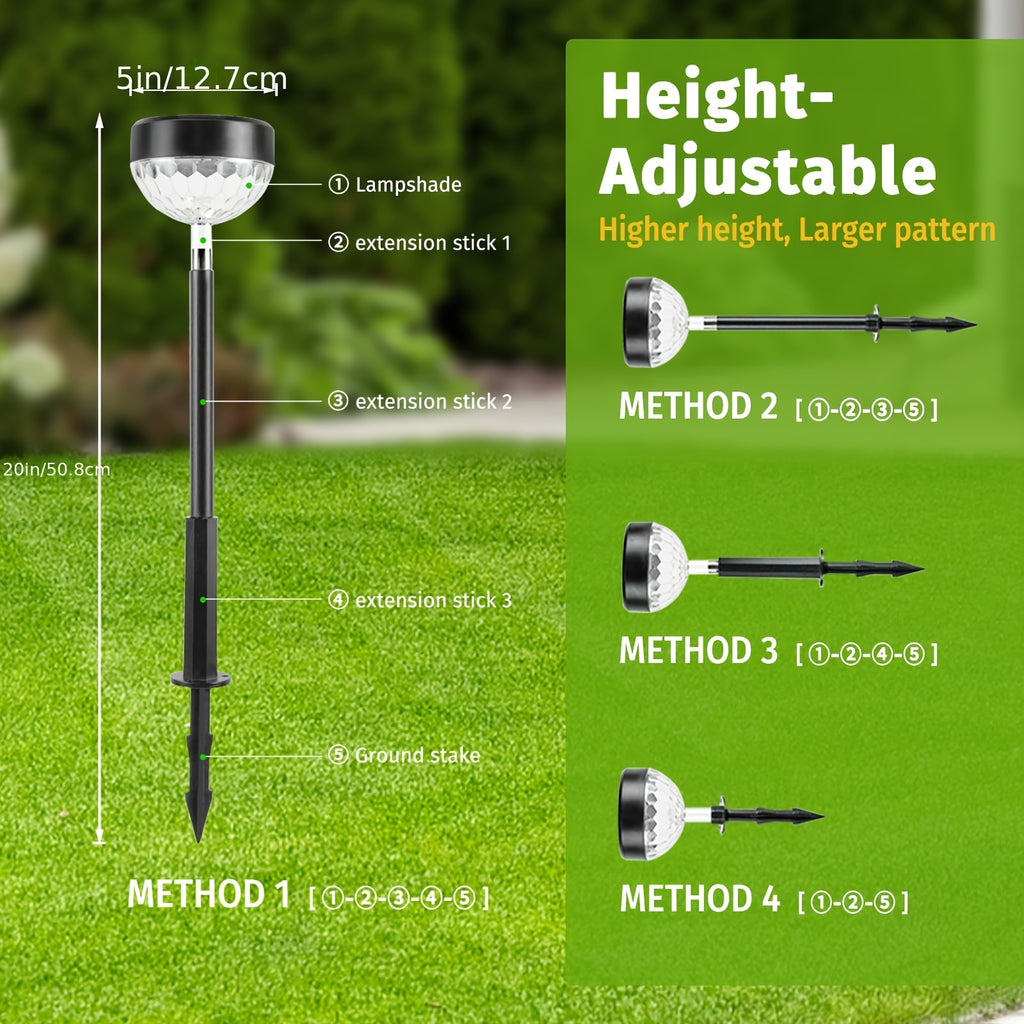 A Set of 8 Solar Path Lights with Color Changing Function and 8 Fixed Colors (Warm White, Cool White, RGB). These Outdoor Solar Garden Lights are Perfect for Decorating Walkways, Courtyards and Backyard Landscapes.