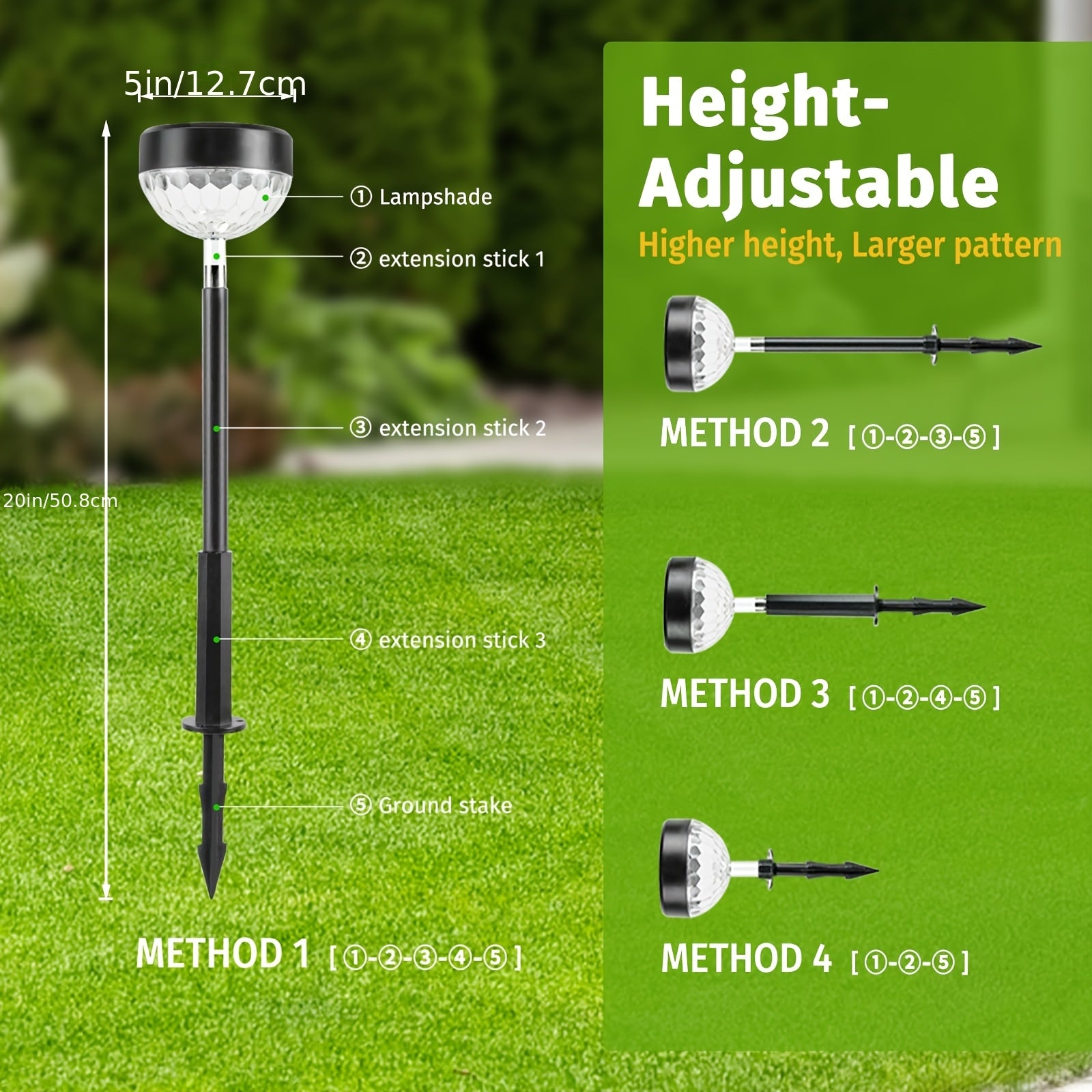 A Set of 8 Solar Path Lights with Color Changing Function and 8 Fixed Colors (Warm White, Cool White, RGB). These Outdoor Solar Garden Lights are Perfect for Decorating Walkways, Courtyards and Backyard Landscapes.