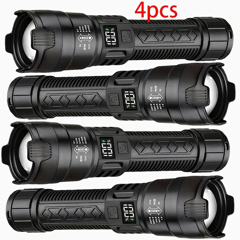 1 Set of 4 Rechargeable High-Power LED Flashlights with Zoom Focus, Ultra-Bright Long-Distance Beam, Tactical Work Light, Ideal for Camping, Hunting, Hiking & Emergency, LCD Digital Display, Perfect for Fishing