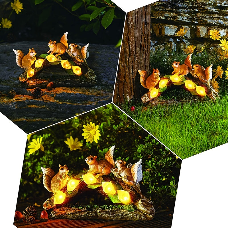 Outdoor Three Squirrels Solar Resin Garden Ornament Light Craft Zoo Horticultural Lawn Decorative Light Suitable for Porch, Courtyard and Gardening Decoration, Ideal Gift for Women and Grandmothers