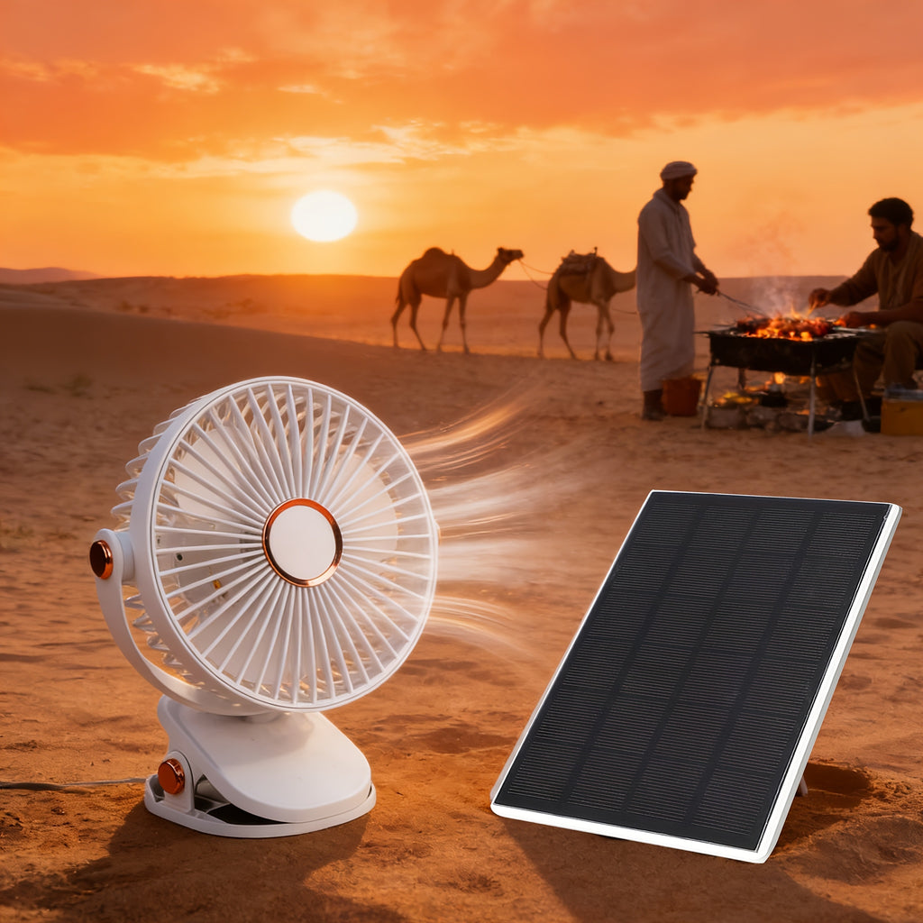 Solar Camping Fan Light - 5-Speed Rechargeable Clip-On Fan, Dual Power Supply (Solar & Battery), Built-in Rechargeable Lithium Battery, USB Charging Port and 5V Solar Panel - Multi-Scene Use: Picnic, Hiking, Fishing and Indoor Home Use During Hurricanes