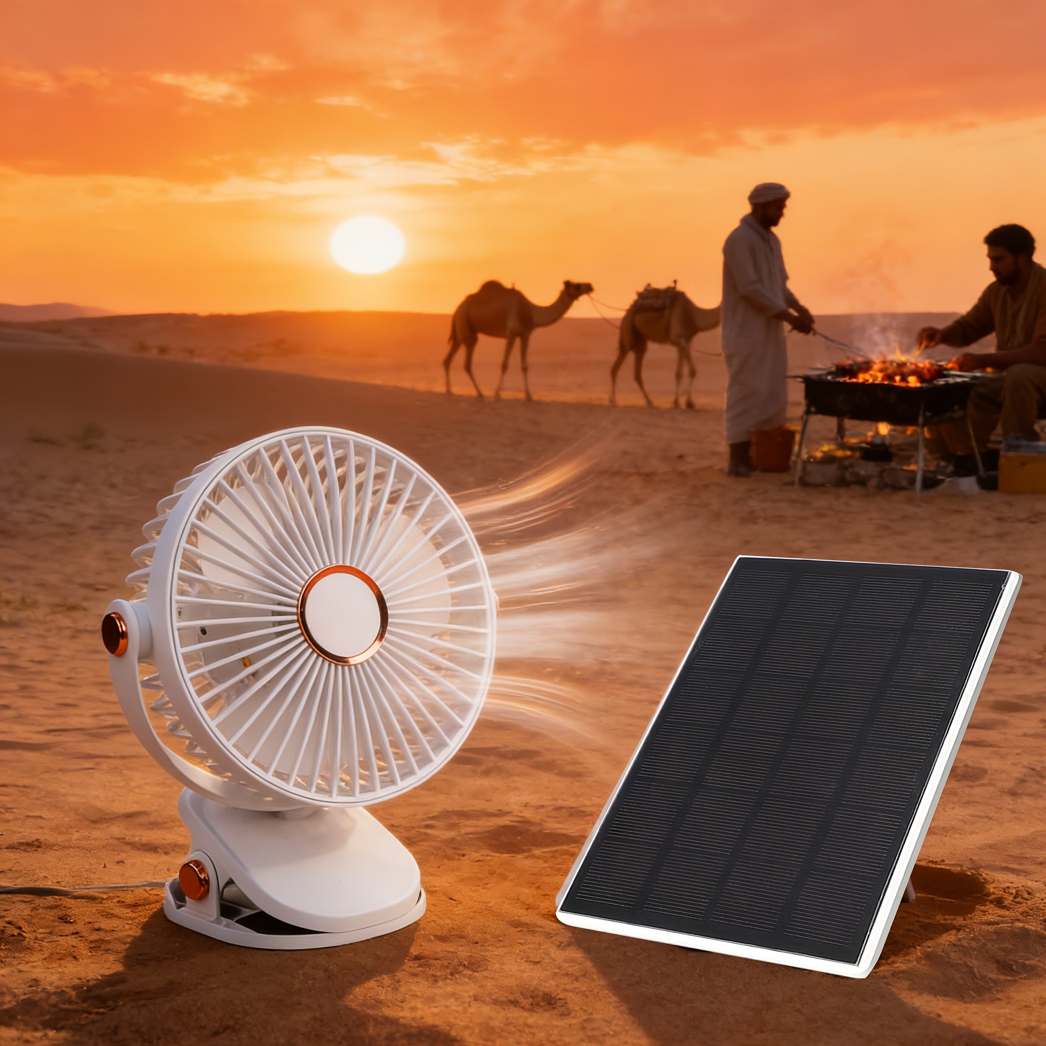 Solar Camping Fan Light - 5-Speed Rechargeable Clip-On Fan, Dual Power Supply (Solar & Battery), Built-in Rechargeable Lithium Battery, USB Charging Port and 5V Solar Panel - Multi-Scene Use: Picnic, Hiking, Fishing and Indoor Home Use During Hurricanes