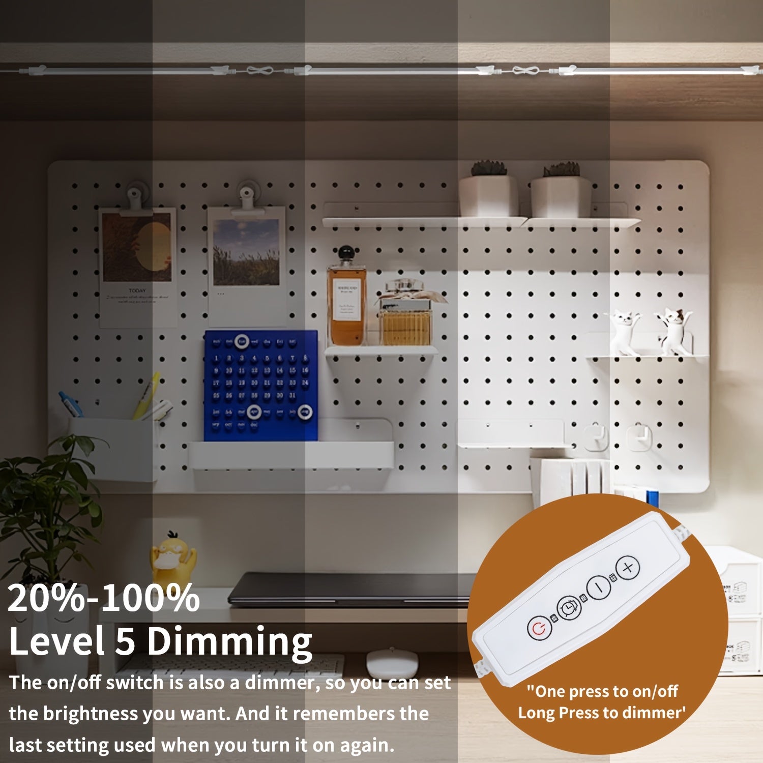 LED cabinet light, dimmable with timer, ultra-bright under-cabinet light, 4 brightness levels, shelf light 5V/2A plug, suitable for desks, bookshelves, studios, garages (adapter not included)