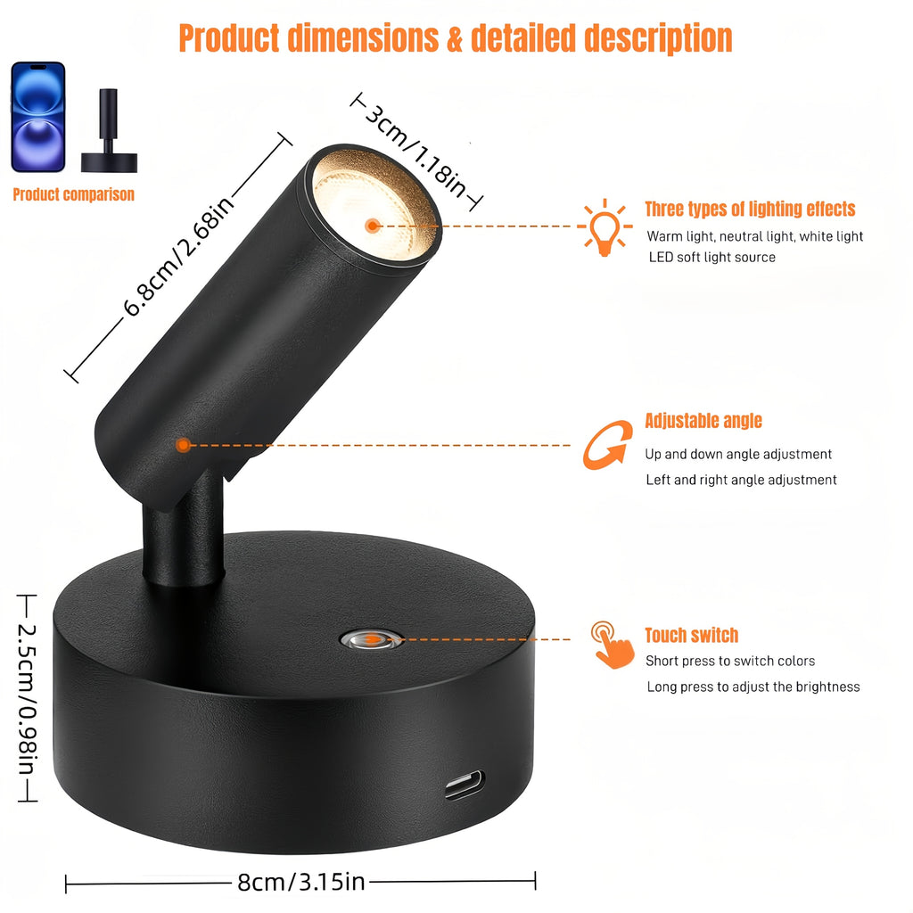 1 Smart Magnetic LED Wall Light, USB Charging, Metal Touch Button Control, LED Spotlight, Ambient Light, 3 Colors Adjustable, Brightness Adjustable, 1200mAh Rechargeable Battery, Suitable for Bedroom, Restaurant, Party, Exhibition