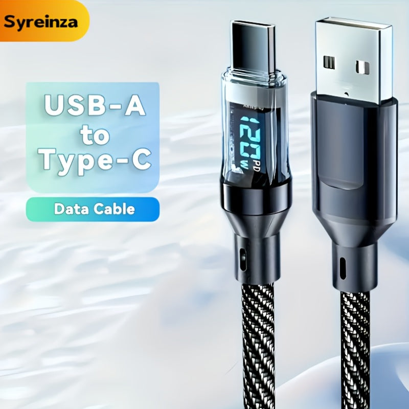 120W6A超快充USB-C线，Type-C转Type-C，黑色扁平尼龙PVC资料同步线，附实时数位显示器,≤36V工作电压，品牌Syreinza，适合家庭办公室旅行尼龙编织加固耐用高品质科技爱好者数据线适用于 iPhone, Android, Samsung