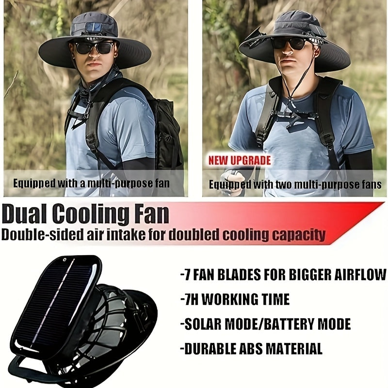 Solar Fan Sun Hat, Rechargeable with Charging Port, Summer Outdoor Wide Brim Bucket Hat, Adjustable Chin Strap, Breathable Mesh, Perfect for Outdoor Sports and Beach Activities