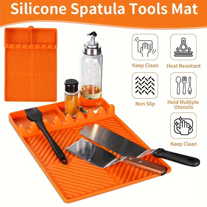 Grill Mat - Blackstone Side Shelf Mat, Silicone Grill Mat for Outdoor Grill & Kitchen Counter, Large Silicone Spatula Mat with Drip Pad, Grill BBQ Tool Holder, Griddle Accessories