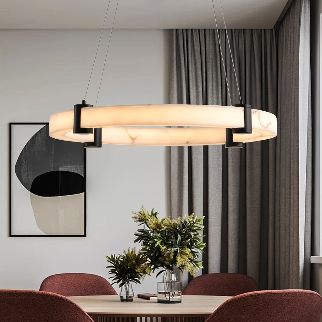 23.6-inch modern LED pendant light, round height-adjustable pendant light, warm light, faux marble finish resin ring ceiling light, suitable for dining room, kitchen island, living room