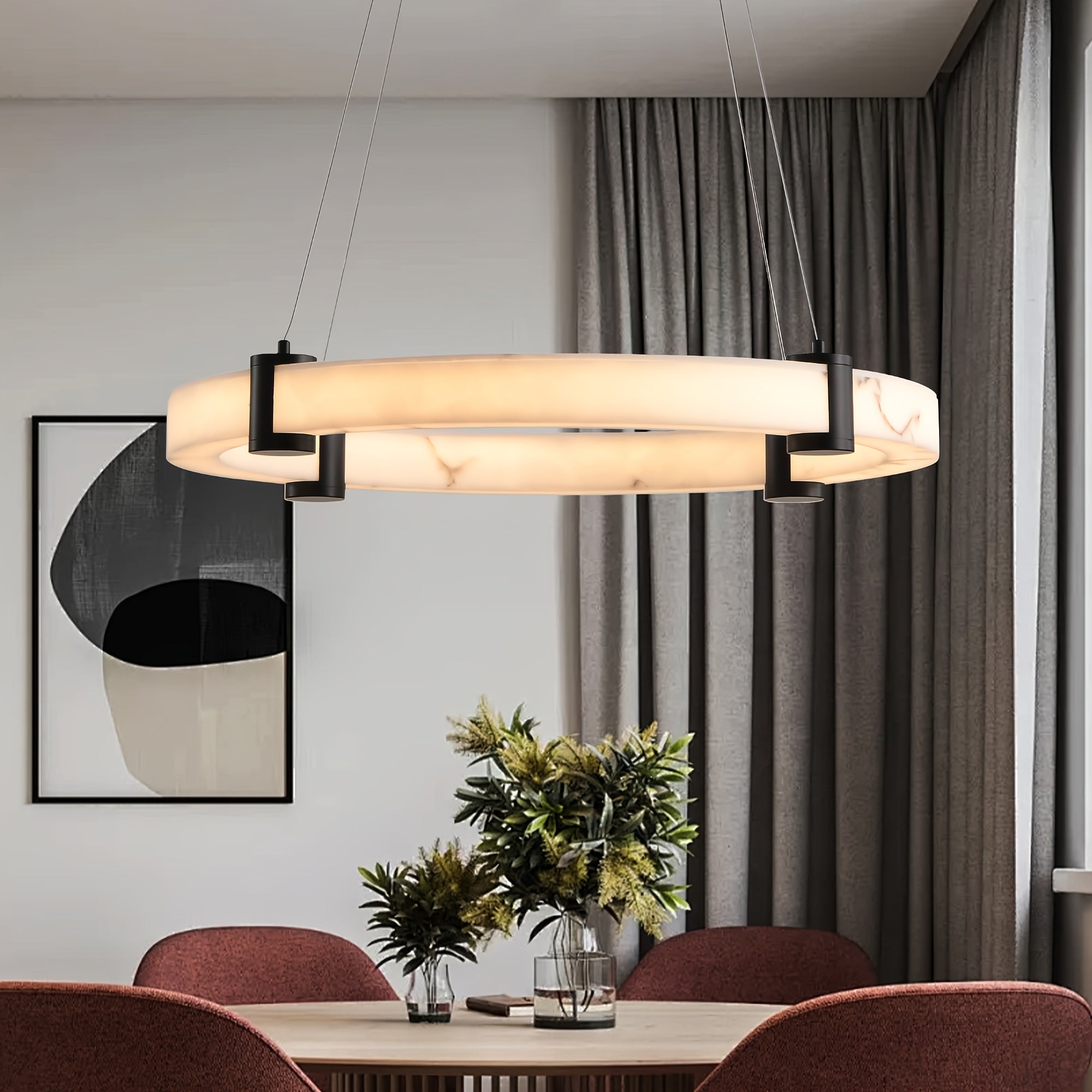 23.6-inch modern LED pendant light, round height-adjustable pendant light, warm light, faux marble finish resin ring ceiling light, suitable for dining room, kitchen island, living room