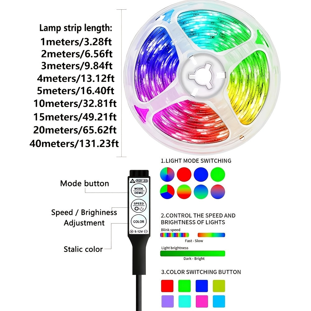 RGB 舞台氛围 LED 灯带 3.28ft‑131.23ft USB 供电 3 键控制 多色可变光 适用于派对演出婚庆节日布景 电视卧室客厅专业氛围照明