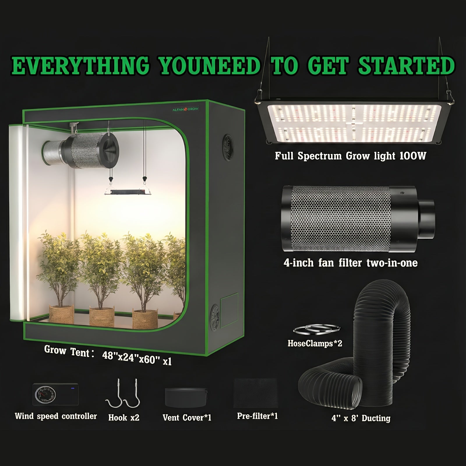 1800D Material 48x24x60 Inch (≈4x2 Ft) Hydroponic Grow Tent, Optional Accessory Kit: 100W Dimmable LED Light, 8ft Ducting, 4"/6" Vents, Optional Standard Independent Fan & Filter Combo or New Integrated Fan-Filter Unit
