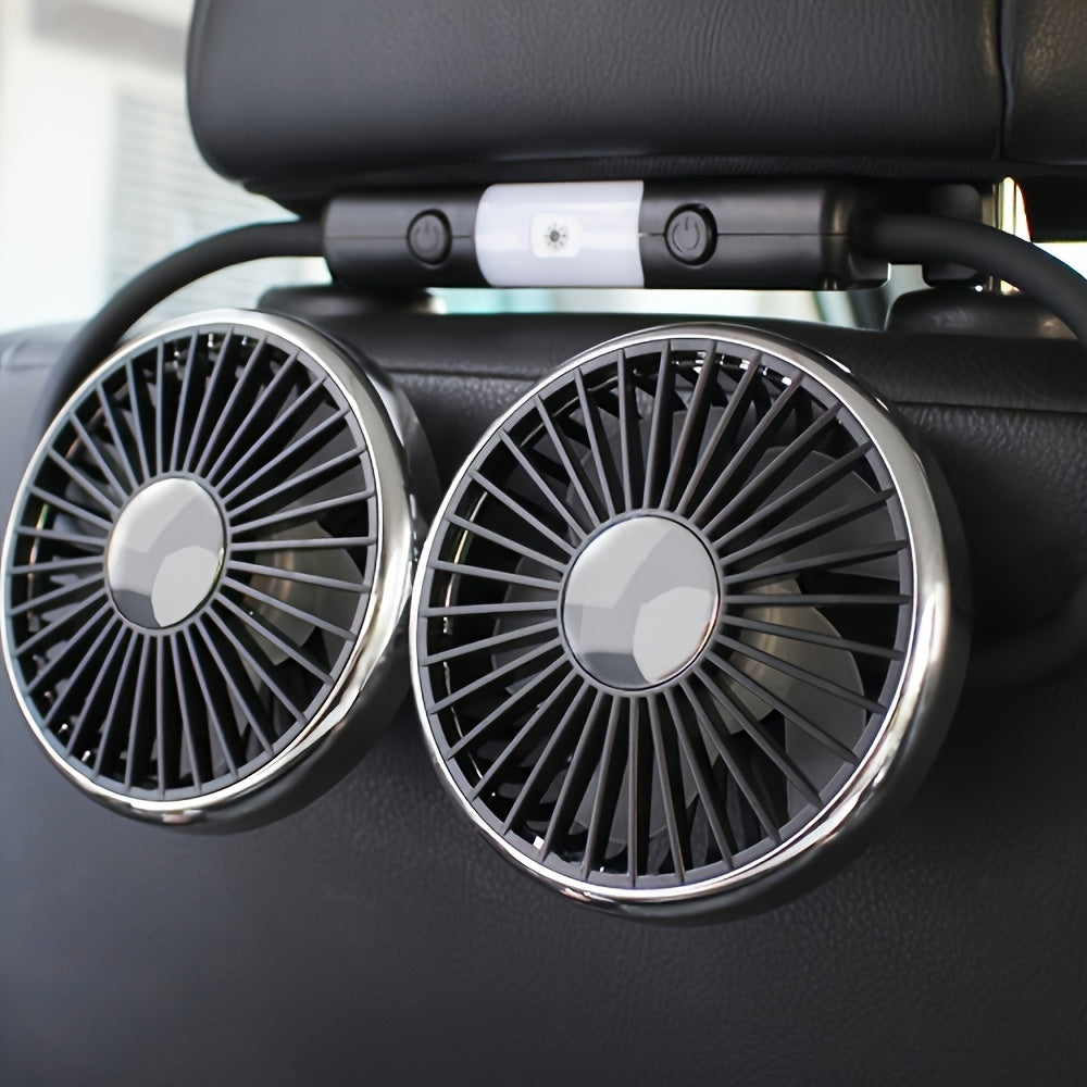 Car Rear Seat USB Cooling Fan with Two Independent Rotatable Heads, 360° Rotation, Ultra Quiet Ventilation, Designed for Sedan, SUV, RV and Truck