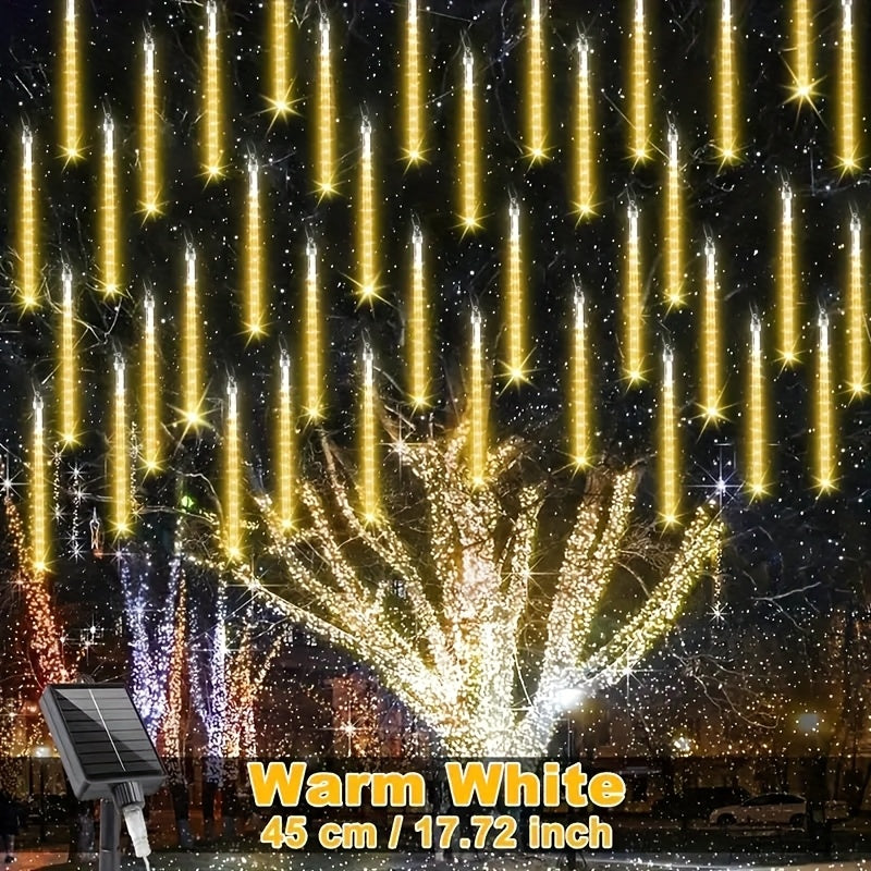 1 piece 30cm/11.81inch or 45cm/17.72inch solar meteor tube light outdoor, automatic on/off, smart light sensor, 192LED/288LED 8-tube hanging solar fairy light, IP65 high quality, suitable for garden, wedding, Christmas, Halloween, party