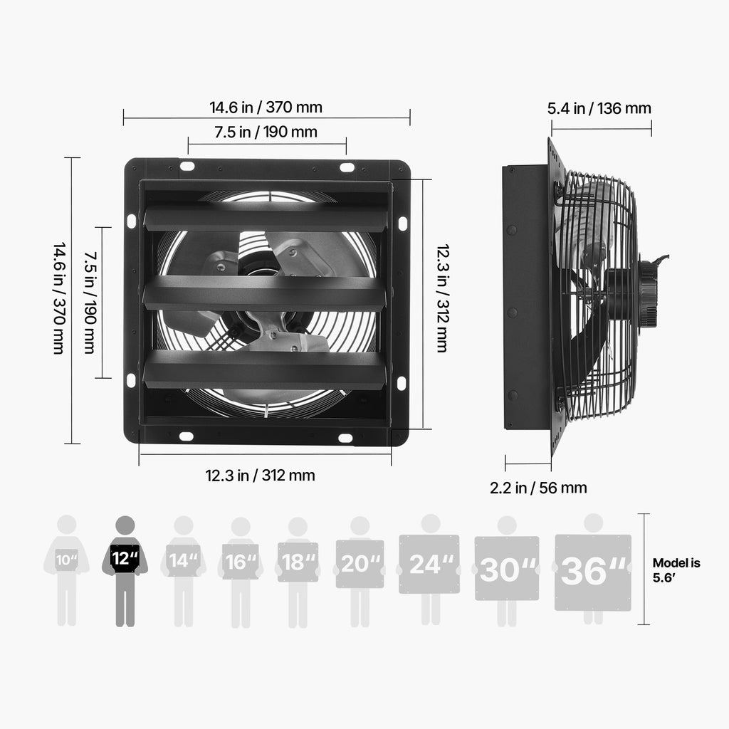 VEVOR 12"/14" Shutter Exhaust Fan, Wall-Mounted Attic Vent Fan, Smart Programmable Variable Speed Temp Control, EC Motor, Timer, for Shed/Garage/Greenhouse Ventilation Cooling, Black