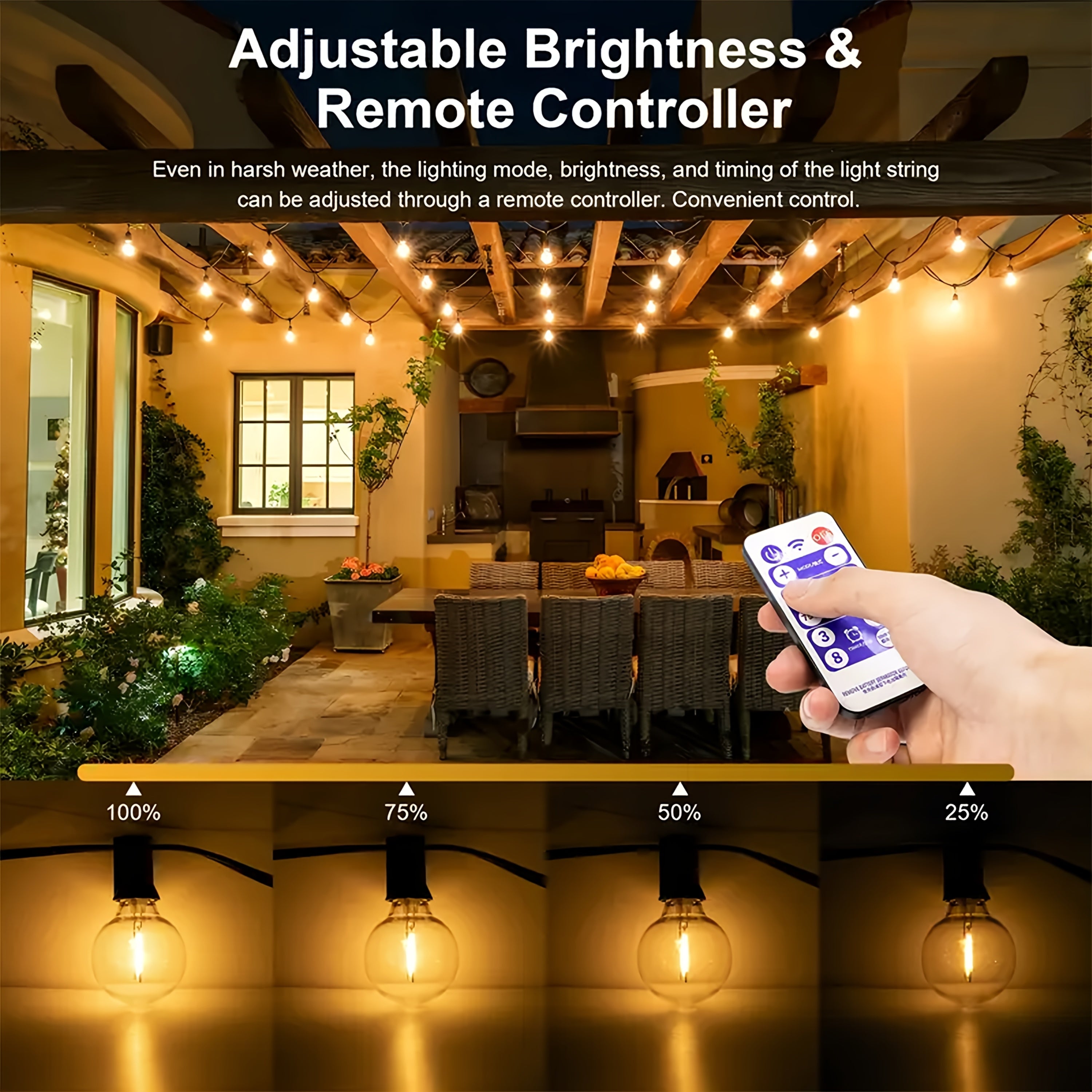 FIBRAVE太阳能G40串灯带遥控 - 100/60/40/30/20英尺防碎LED灯泡，可调光户外/悬挂灯，高品质太阳能面板灯，适用于花园、露台、阳台、派对（全天候，太阳能供电）