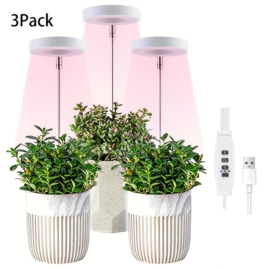 3 Pcs LED Plant Grow Light, Indoor Full Spectrum Ring Grow Light, Adjustable Height & Angle USB 5V Plant Lamp with 2/4/8H Auto Timer, 3 Lamp Heads, Seedlings Succulents Starting Grow Light