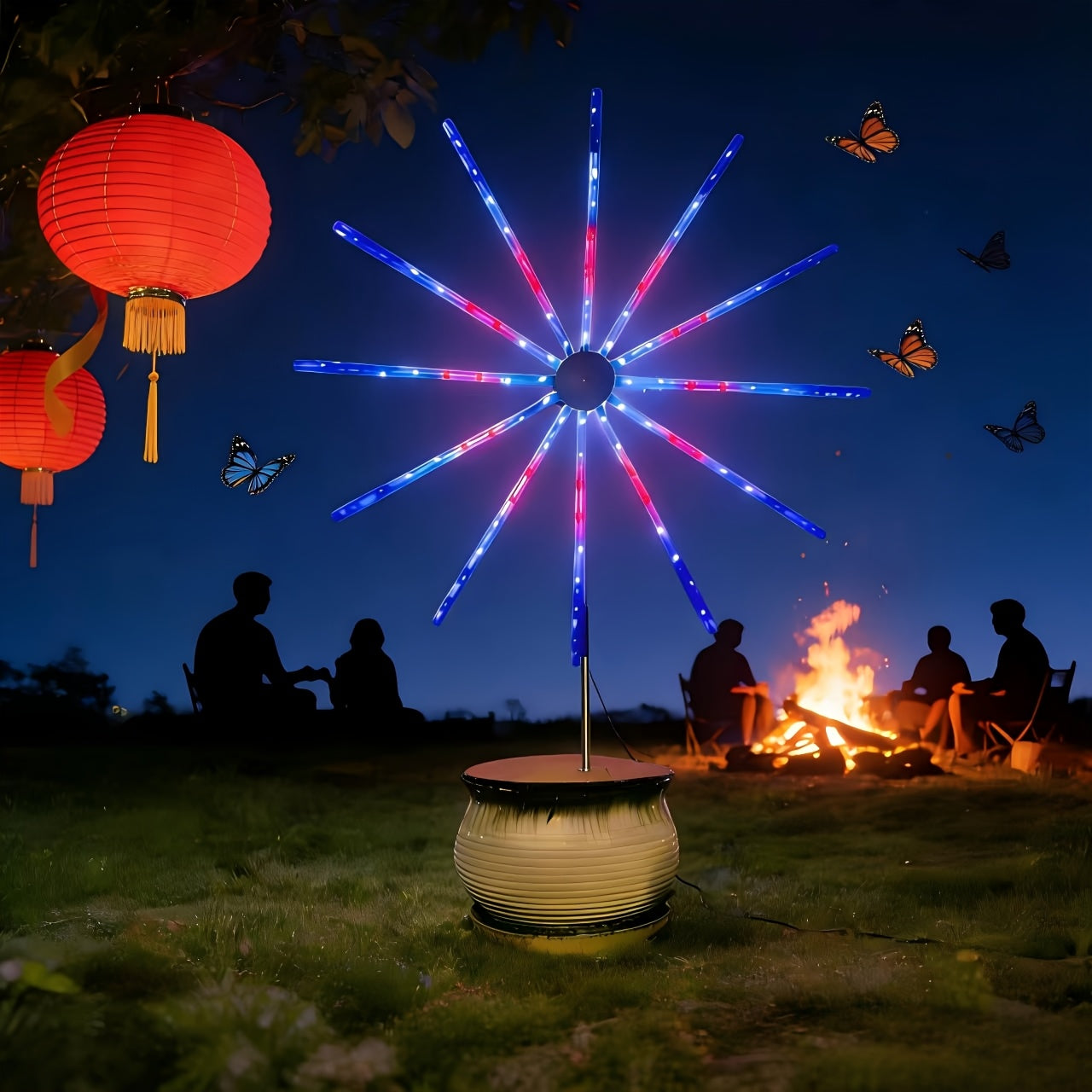 1件新款科技感太阳能灯，花园装饰灯，风车灯，自由女神光环灯，8种发光模式一键切换