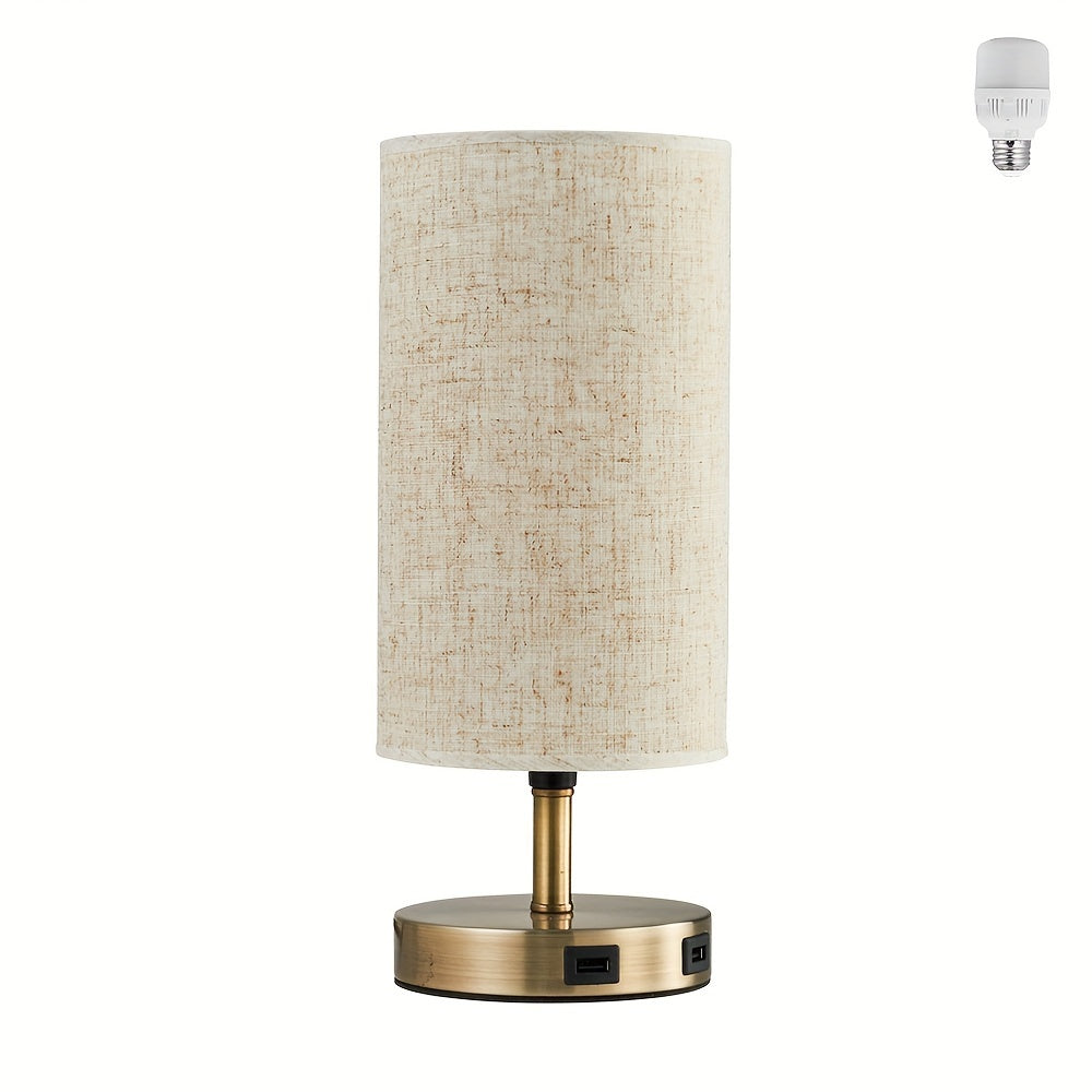 Antique bronze gold round linen table lamp, US plug, bulb included, touch three-step dimming, with in-line switch, with USB charging port, bedroom bedside lamp, office desk lamp, study desk lamp
