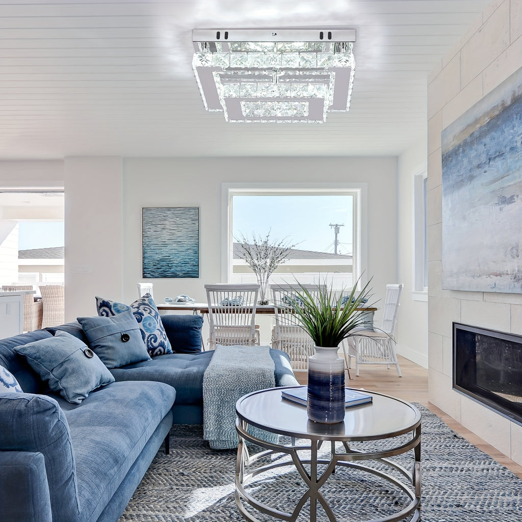 LED crystal ceiling light, modern recessed rectangular ceiling light, K9 stainless steel ceiling lighting fixture, chandelier, suitable for living room, bedroom, dining room (cool white light)