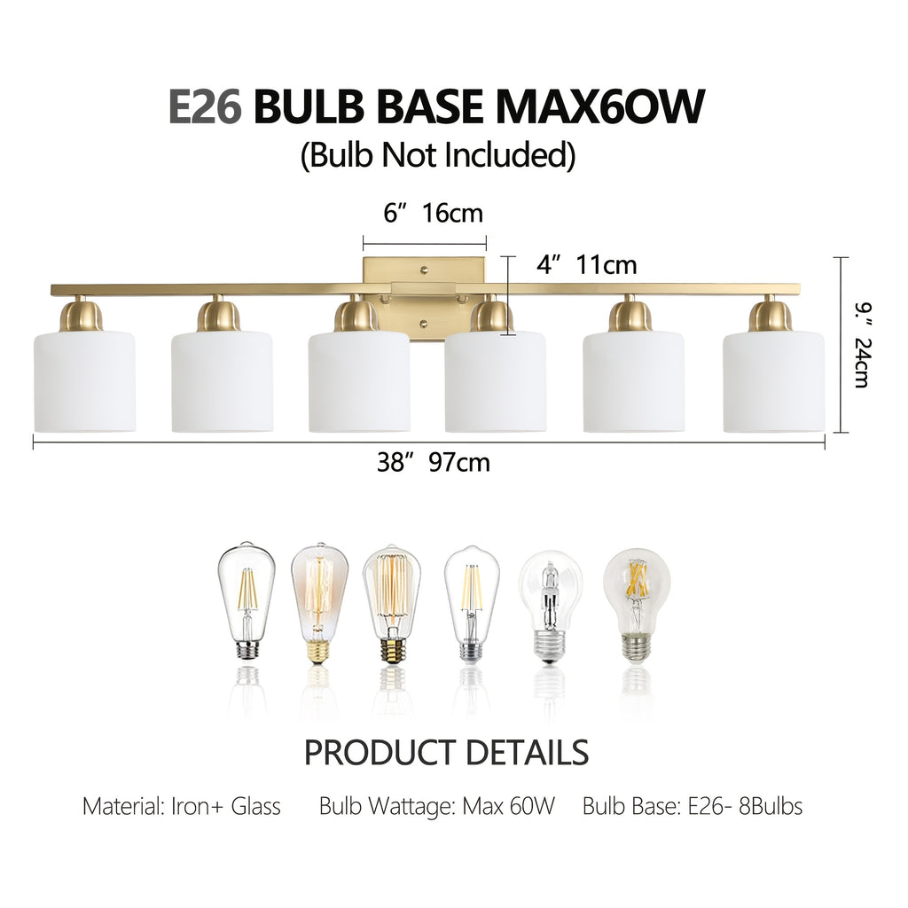 38-Inch 6-Light Bathroom Mirror Light Fixture (Copper), Stylish Modern Bathroom Wall Light, Wall-Mounted Lighting with Metal Frame and White Jade Glass Shade, Perfect for Mirror, Bedroom, Living Room and Hallway (E26 Bulb Base, Bulb Not Included)
