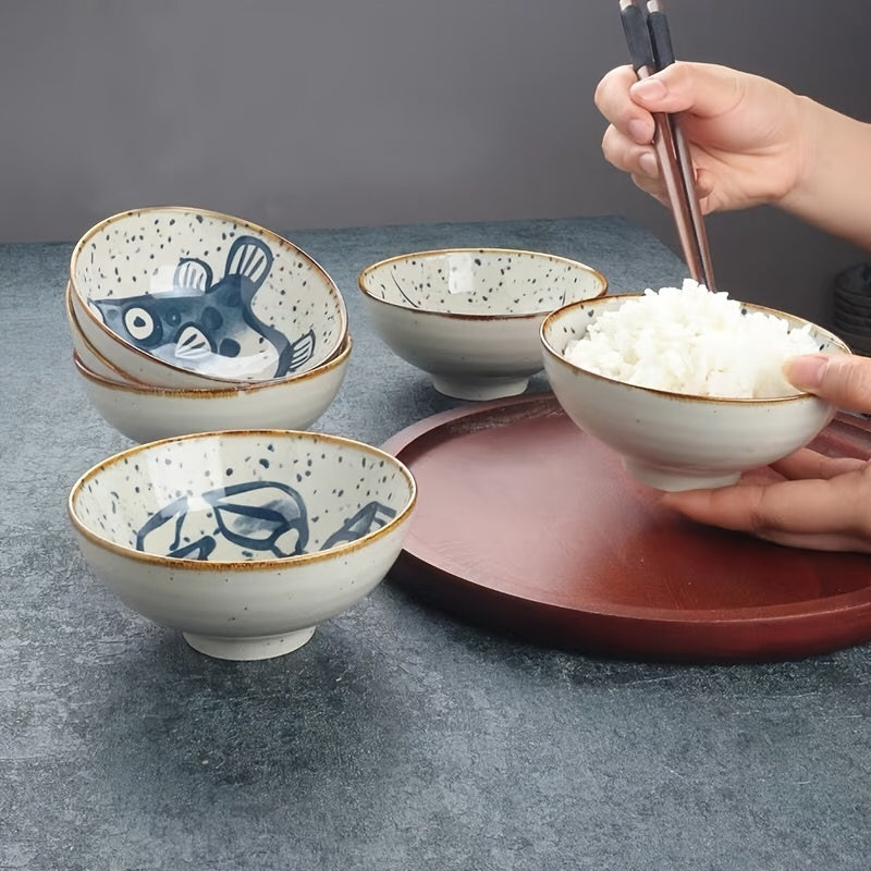 4pc/6pc 4.75-Inch Vintage Ocean Ceramic Bowl – Rice Bowl, Yogurt Bowl, Fruit Bowl, Dinner Bowl