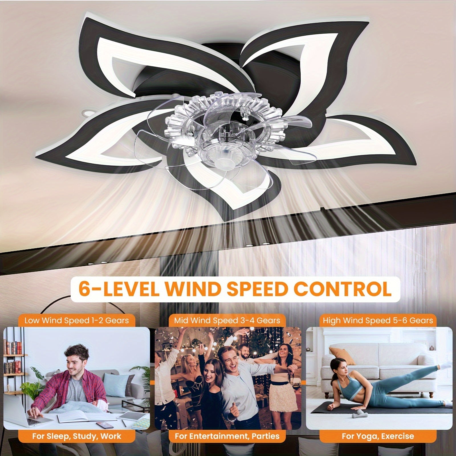 27 Inch Silent LED Modern Acrylic Ceiling Fan Light, Stepless Dimmable Speed Decorative Fan, Suitable for Bedroom Living Room Kitchen