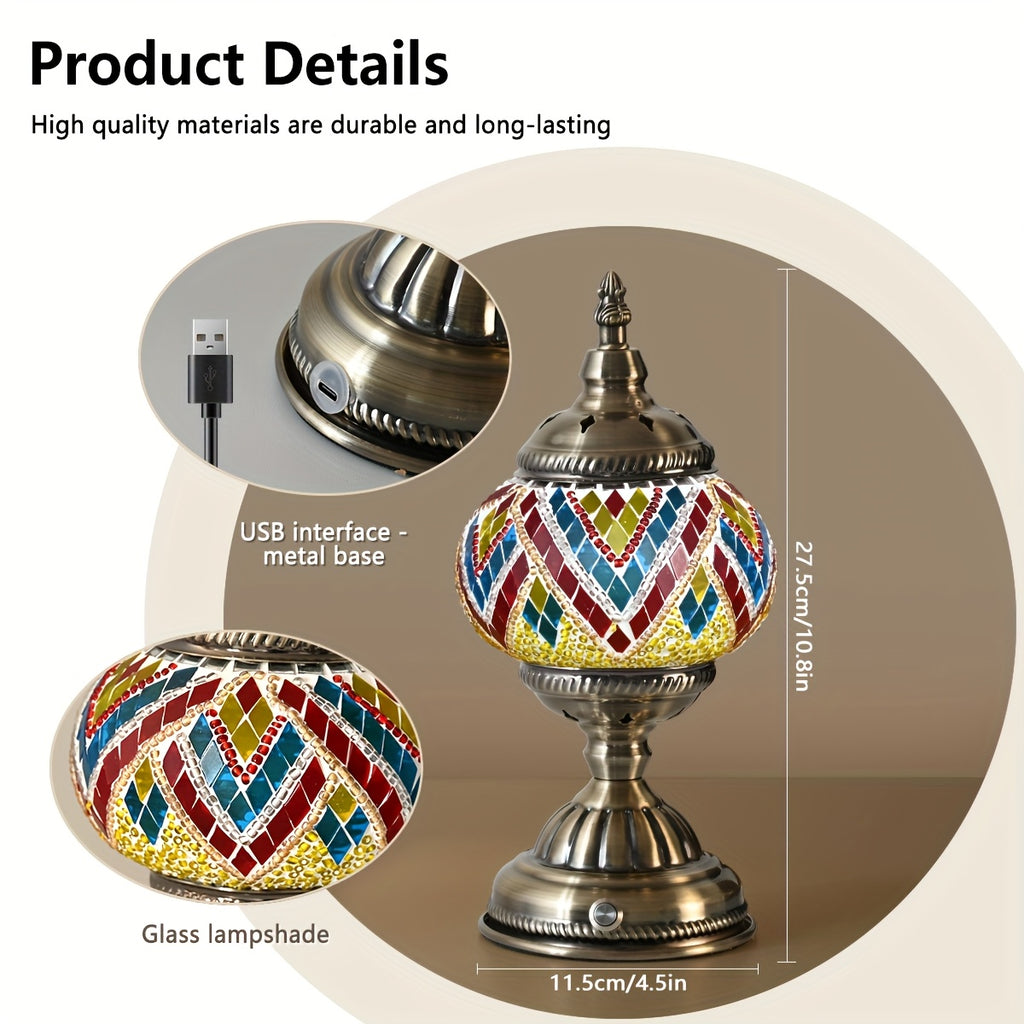 Turkish Moroccan style lamp, bronze base, colorful handmade mosaic glass, bohemian night light, bedroom decoration, holiday gift (LED bulb included)