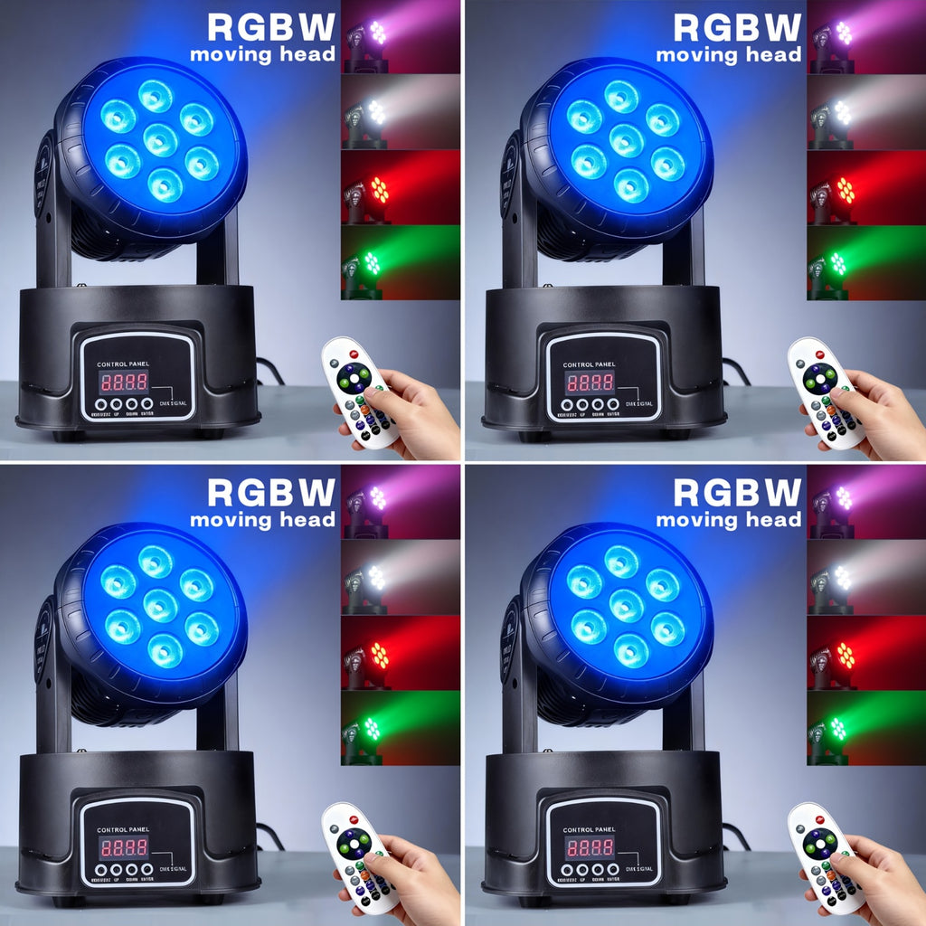 Moving head light RGBW stage lighting DJ light 7 x 10W LED beam spotlight 9/14 channel wash light, with DMX and sound activation, suitable for parties, churches, weddings, bars, Christmas, Halloween, disco and other occasions