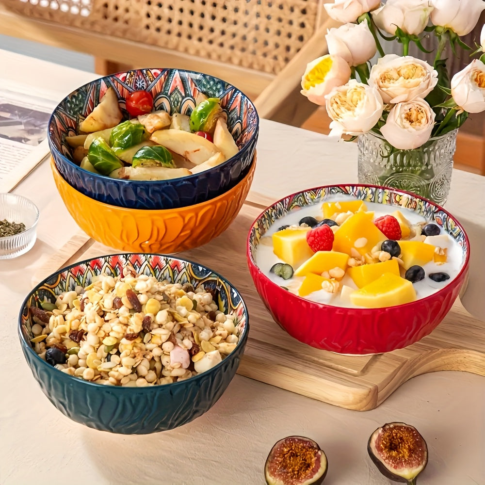 4-Piece Bohemian Style Ceramic Bowl Set, 6.5-Inch, Pattern Design, Striped Salad Bowl, Multi-Purpose – Perfect for Cereal, Soup, Oatmeal, Pasta Bowl, Large Salad Bowl