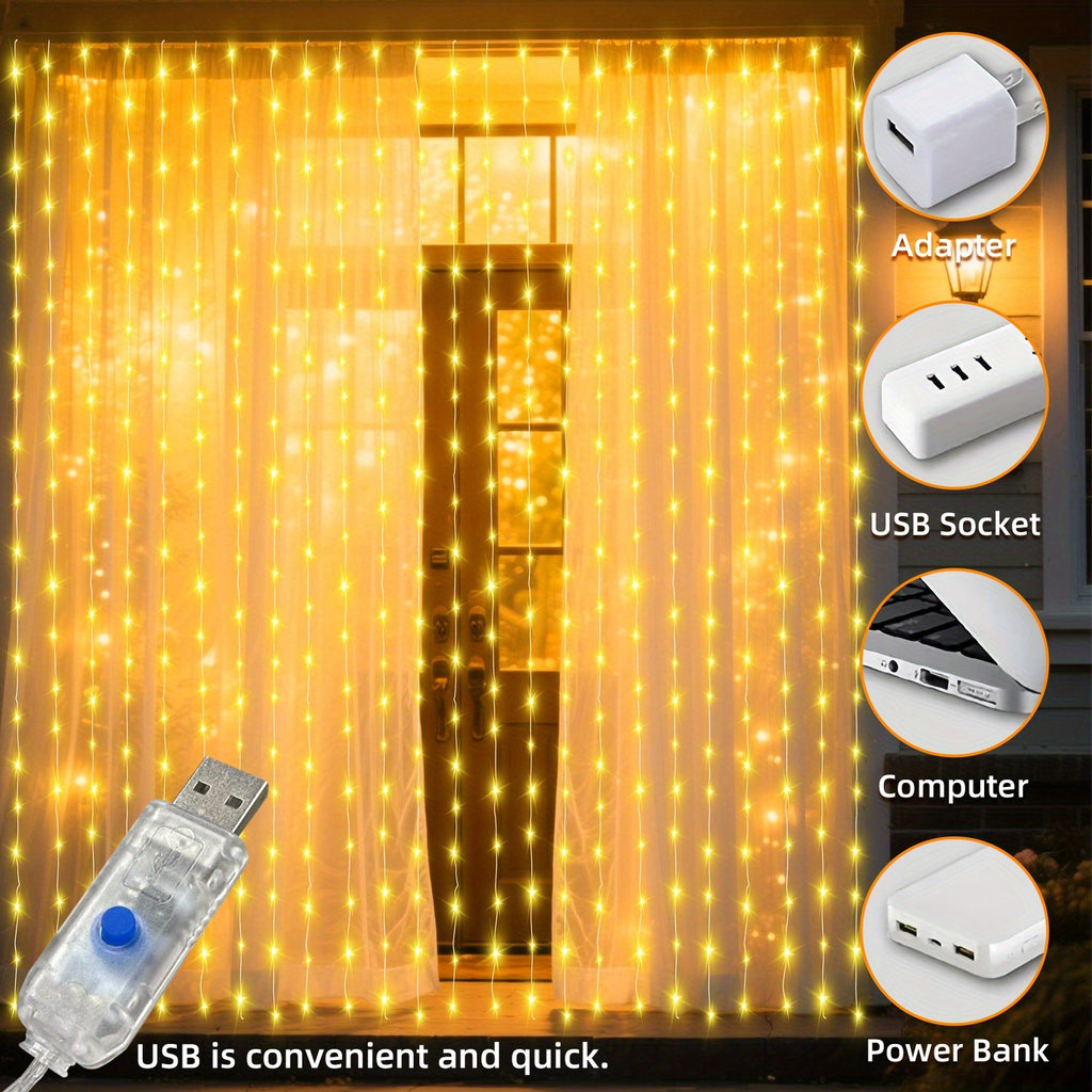 1 Pack LED仙女窗帘灯 300LED 8种灯光模式，USB供电，配备遥控器，带挂钩，圣诞装饰品，适用于室内家居、卧室、婚礼、派对、圣诞节装饰（带定时）