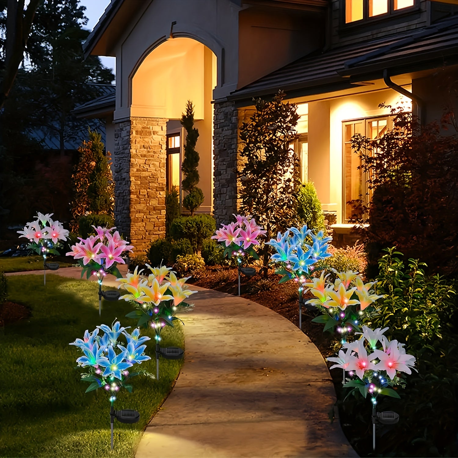 Outdoor Garden Decorative Solar Light, 2-Piece Large Lily Solar Light, 7-Color Changing Solar Flower Outdoor Light, IP44 Protection Rating Solar Light, Suitable for Courtyard, Lawn, Garden Decoration