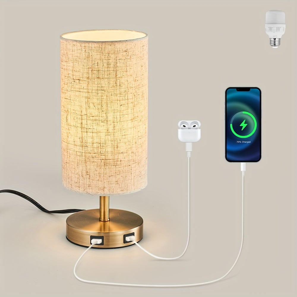 Antique bronze gold round linen table lamp, US plug, bulb included, touch three-step dimming, with in-line switch, with USB charging port, bedroom bedside lamp, office desk lamp, study desk lamp