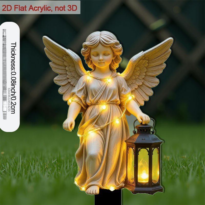 2D Flat, Angel Statue Garden Stake with Light-Up Lantern and Sharp Base - Self-Lit Outdoor / Acrylic Plant Flower Pot, Courtyard Decoration - Angel Holding Lantern, Durable Ground Stake (No Wiring Needed), 2D Flat